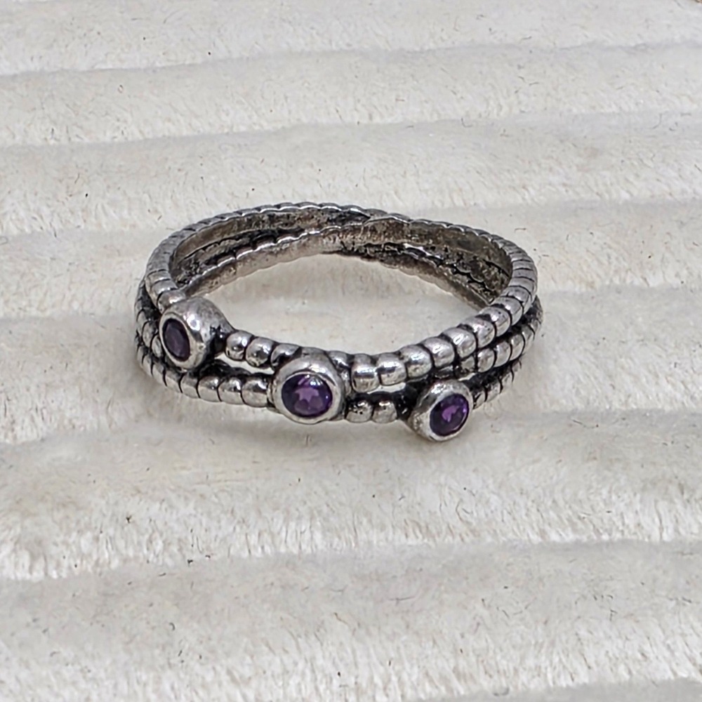 Vintage 925 Sterling Silver Purple Rhinestone Braided Triple Band Ring Size 8